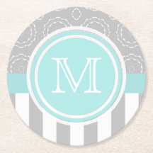 Cyan, Gray And White Motif Sriped Monogram Coaster