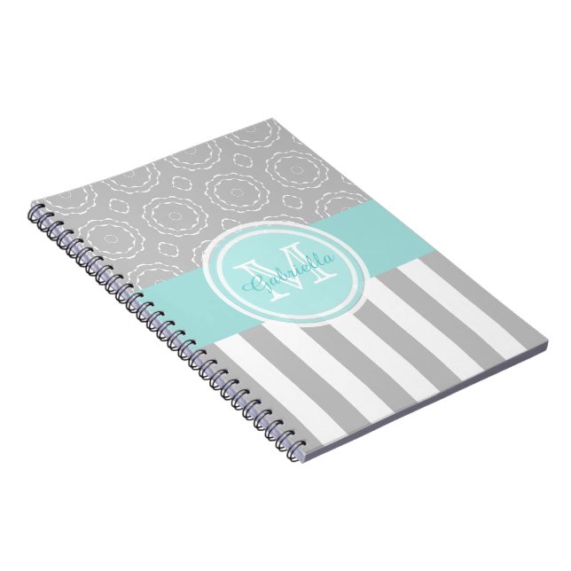 Cyan, Gray & White Striped/Motif Monogram Notebook (Right Side)