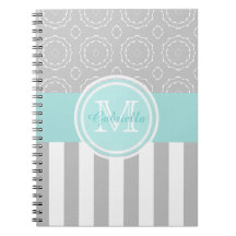 Cyan, Gray & White Striped/Motif Monogram Notebook