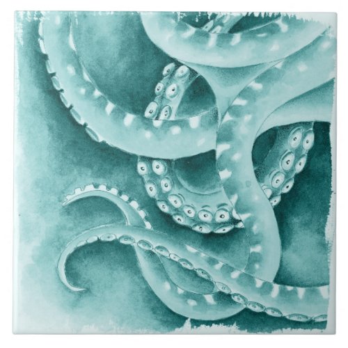 Cyan Green tentacles monochrome Ceramic Tile