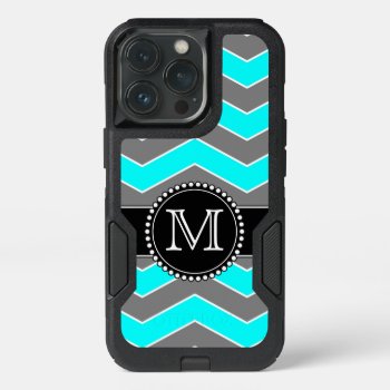 Cyan  Grey  Black Chevron  Monogrammed Iphone 13 Pro Case by CoolestPhoneCases at Zazzle