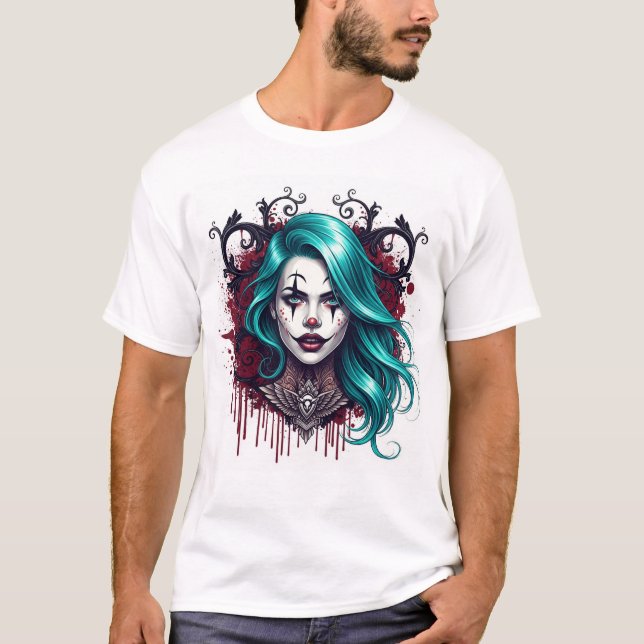 Cyan Haired Clown Queen - Spooky Chic Graphic T-Shirt (Front)