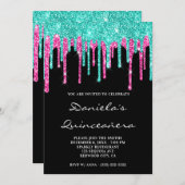 Cyan Hot Pink Glitter Drips Black Quinceañera Invitation (Front/Back)