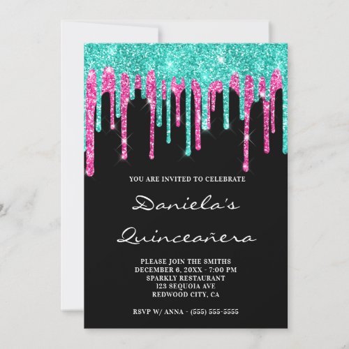 Cyan Hot Pink Glitter Drips Black Quinceaera Invitation