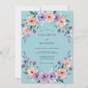 Cyan Lavender Peach Floral Wedding Invitation