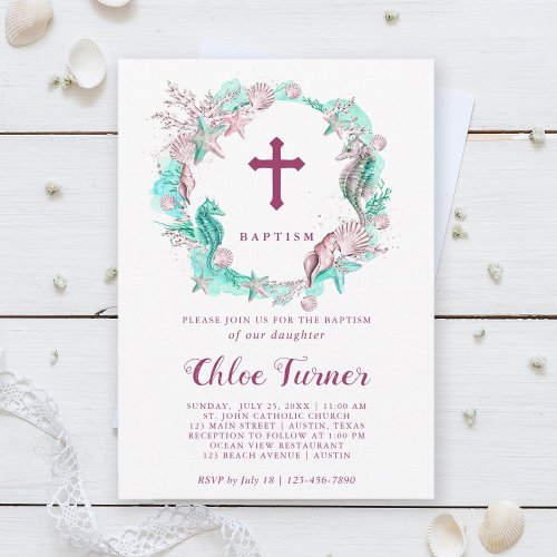 Cyan  Lavender Under the Sea Wreath Baptism Invitation