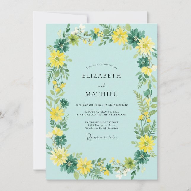Cyan Lemon Wildflower Wedding Invitation (Front)