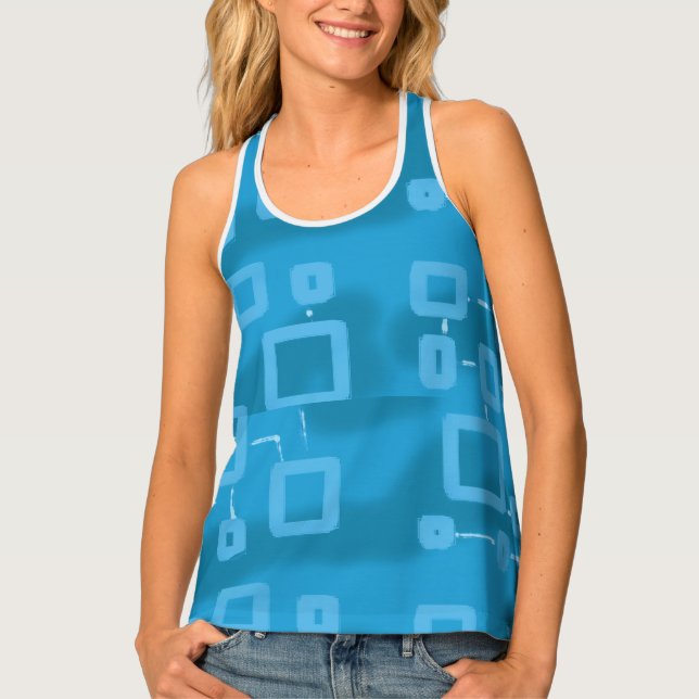 Cyan Light Blue Geometric Squares  Tank Top (Front)
