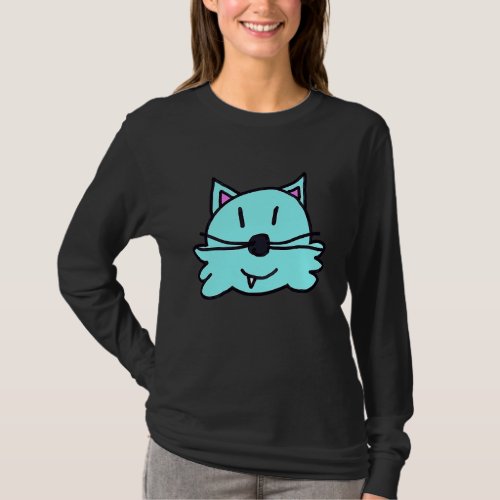 Cyan Light Blue Smiling Kitty Cat T_Shirt