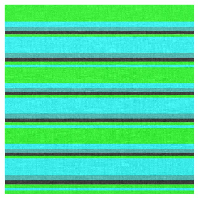 Cyan, Lime, Black, and Light Sea Green Stripes Fabric (Close Up)