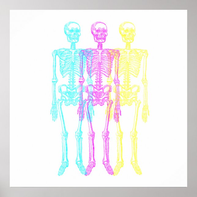 Cyan Magenta Yellow Letterpress Skeletons Poster (Front)