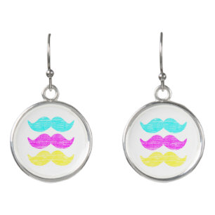 Cyan Magenta Yellow Mustaches Letterpress Style Earrings