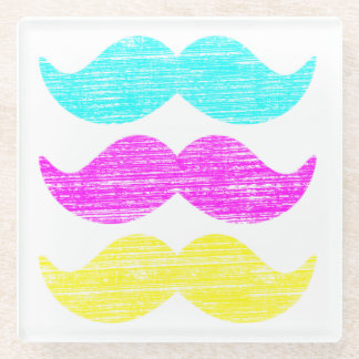Cyan Magenta Yellow Mustaches (letterpress style) Glass Coaster