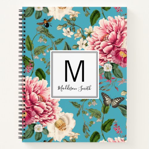 Cyan Monogrammed Country Garden Floral Pattern Notebook