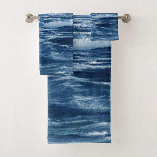 Cyan Navy Blue Night Sea Ocean Bath Towel Set