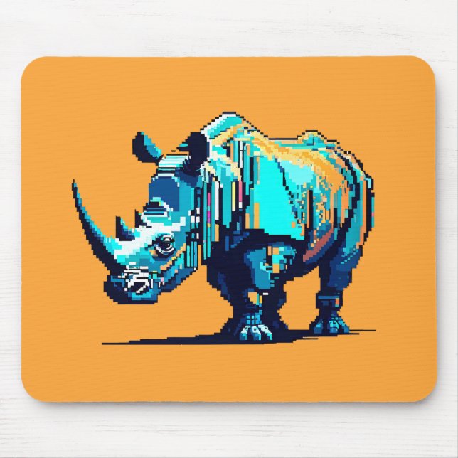 Cyan Orange Pixel Art Rhino Retro Gamer Mouse Pad (Front)