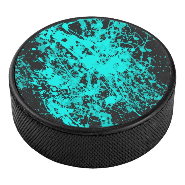 Cyan Paint Brush Splatter Hockey Puck (3/4)