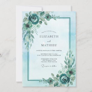 Cyan Peony Wedding Invitation