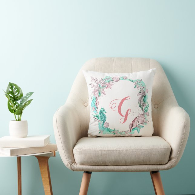 Cyan & Pink Pastel Under the Sea Monogram Throw Pillow (Chair)