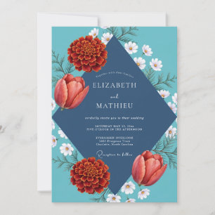 Cyan Red Dahlia Wedding Invitation