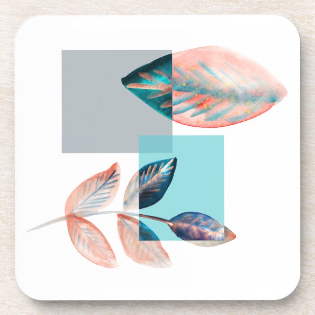 Cyan Red Leaf Beverage Coaster (Front)