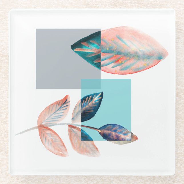 Cyan Red Leaf Glass Coaster (Front)