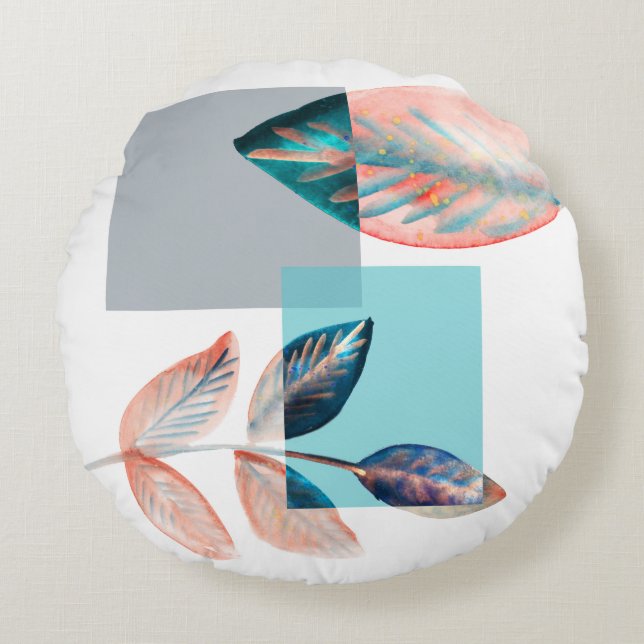 Cyan Red Leaf Round Pillow (Front)