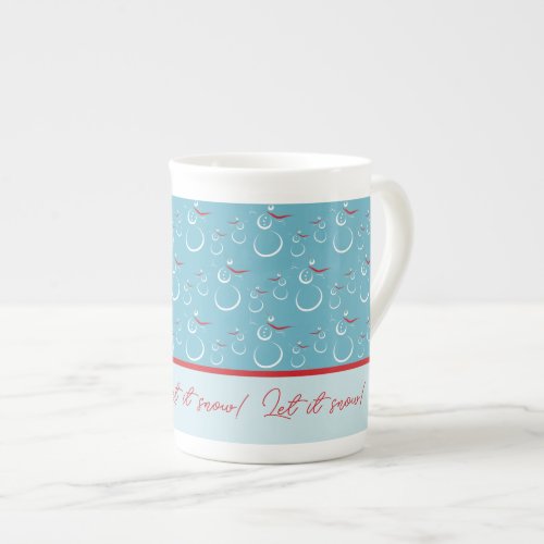 Cyan Red Let It Snow Cute Snowman Family Pattern Bone China Mug