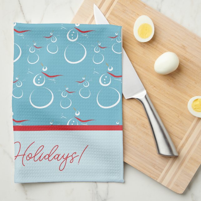Cyan Red Merry Holidays Cute Snowman Pattern Kitchen Towel (Quarter Fold)