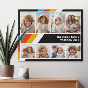 Cyan Retro Stripe - 8 Photo Collage Faux Canvas Print