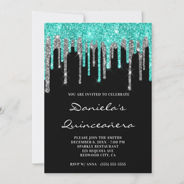 Cyan Silver Glitter Drips Black Quinceañera Invitation (Front)