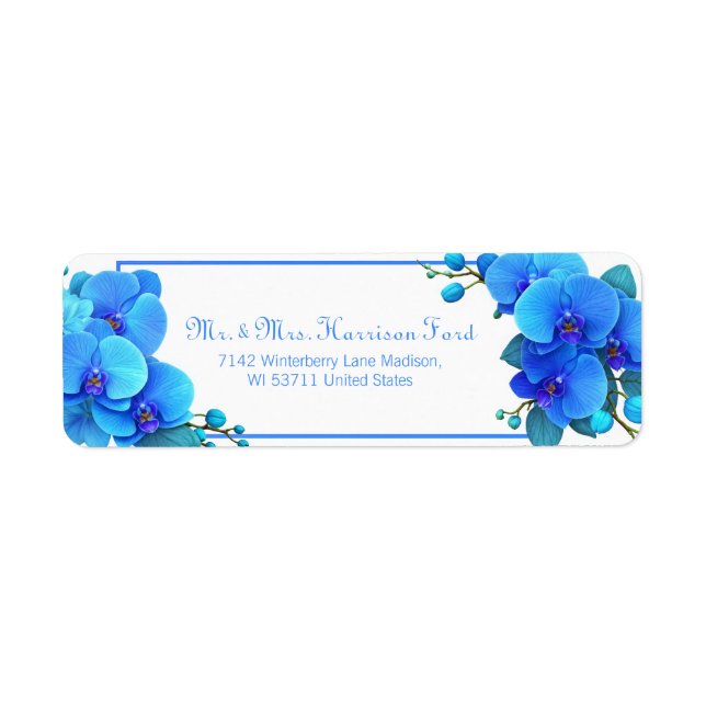 Cyan Sky Blue Botanical Orchid Return Address Label (Front)