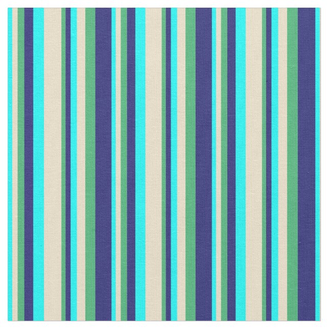 Cyan, Tan, Sea Green & Midnight Blue Lines Fabric (Close Up)