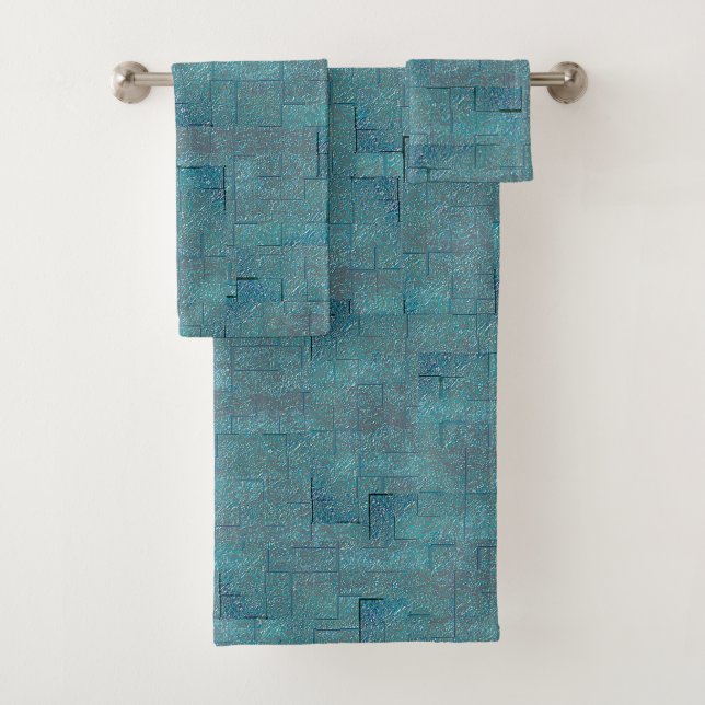 Cyan to gray texture shaped mosaic cutouts bath towel set (Insitu)