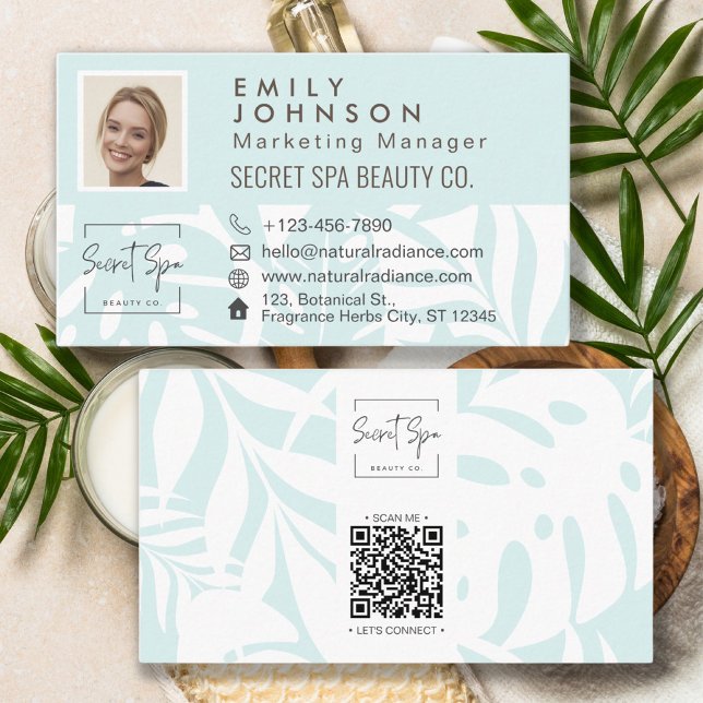 Cyan Tropical Botanical Leaf Beauty & Spa Photo QR Business Card (Cyan Tropical Botanical Leaf Beauty & Spa Photo QR Business Card)