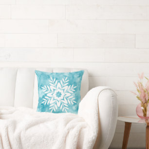 Cyan Watercolor Snowflake Throw Pillow