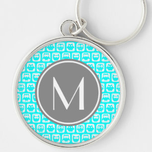 Cyan & White Owl Pattern Gray Round Keychain