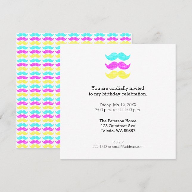 Cyan Yellow Magenta Mustaches (letterpress style) Invitation (Front/Back)