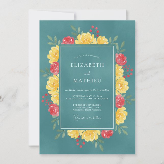 Cyan Yellow Peony Wedding Invitation (Front)