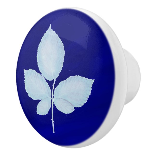 Cyano Print Bramble Leaves Ceramic Knob (Right)