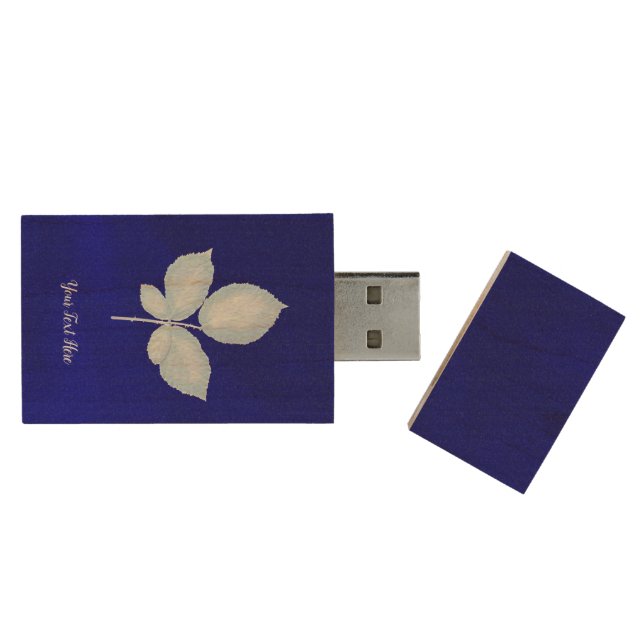 Cyano Print Bramble Leaves Wood Flash Drive (Opened)
