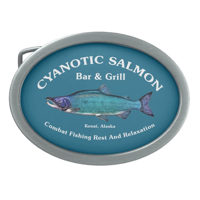 Cyanotic Salmon Bar & Grill Oval Belt Buckle (Front)