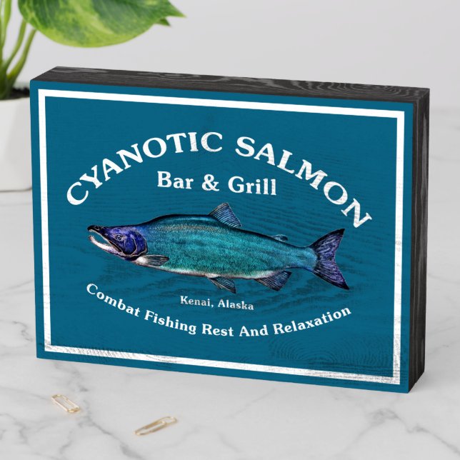 Cyanotic Salmon Bar & Grill Wooden Box Sign (In Situ Horizontal)