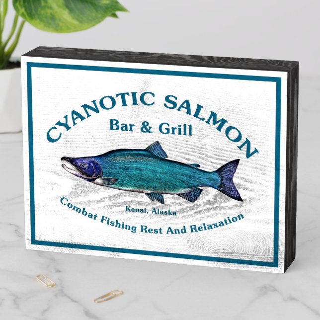 Cyanotic Salmon Bar & Grill Wooden Box Sign (In Situ Horizontal)