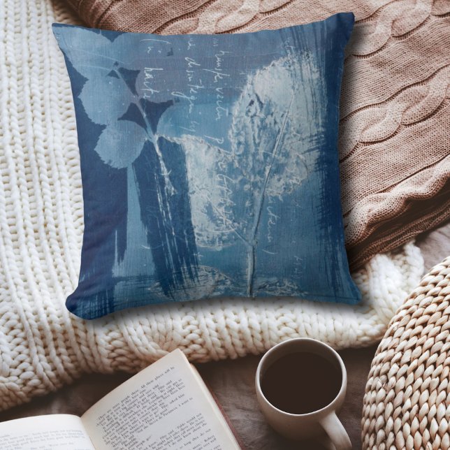 Cyanotype abstract blue foliage boho  throw pillow (Creator Uploaded)