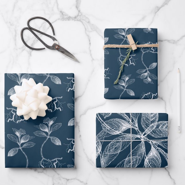 Cyanotype Blue and White Botanicals Wrapping Paper Sheets (Front)