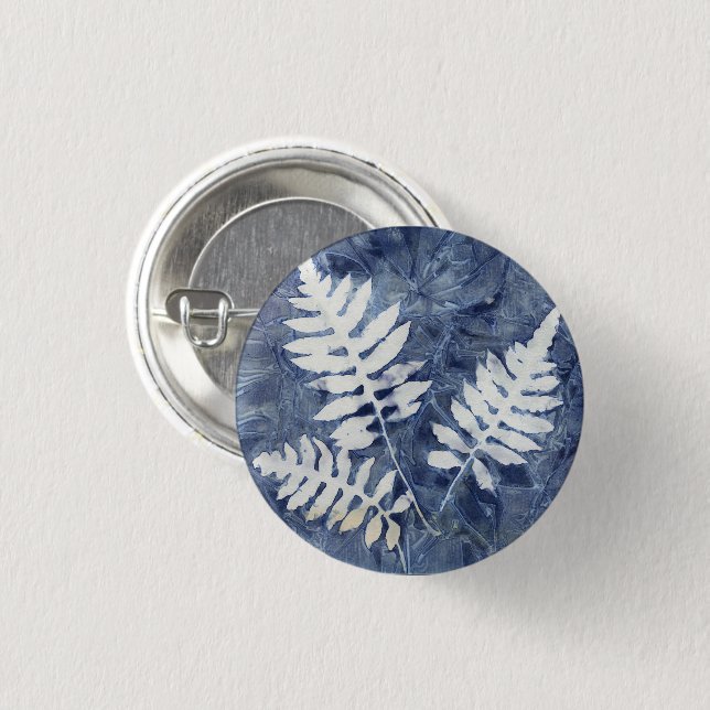 Cyanotype Blue Botanical Ferns Pinback Button (Front & Back)