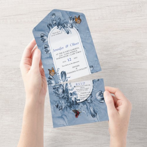 Cyanotype Flowers with Visiting Butterflies All All In One Invitation