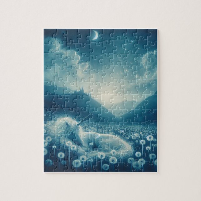 Cyanotype Sleeping Unicorn Dandelion Dreams Jigsaw Puzzle (Vertical)