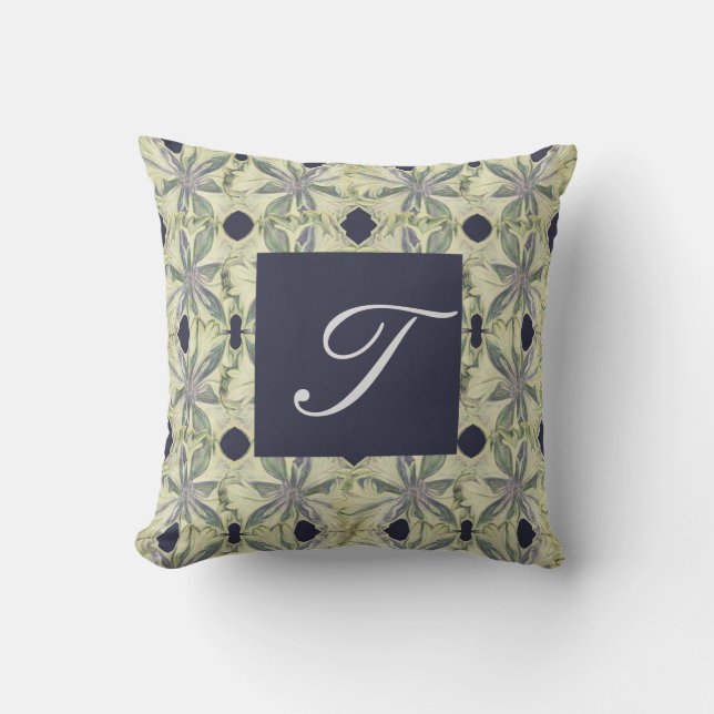 Cyanus Flower Hand-drawn w Navy Monogram Throw Pillow (Front)